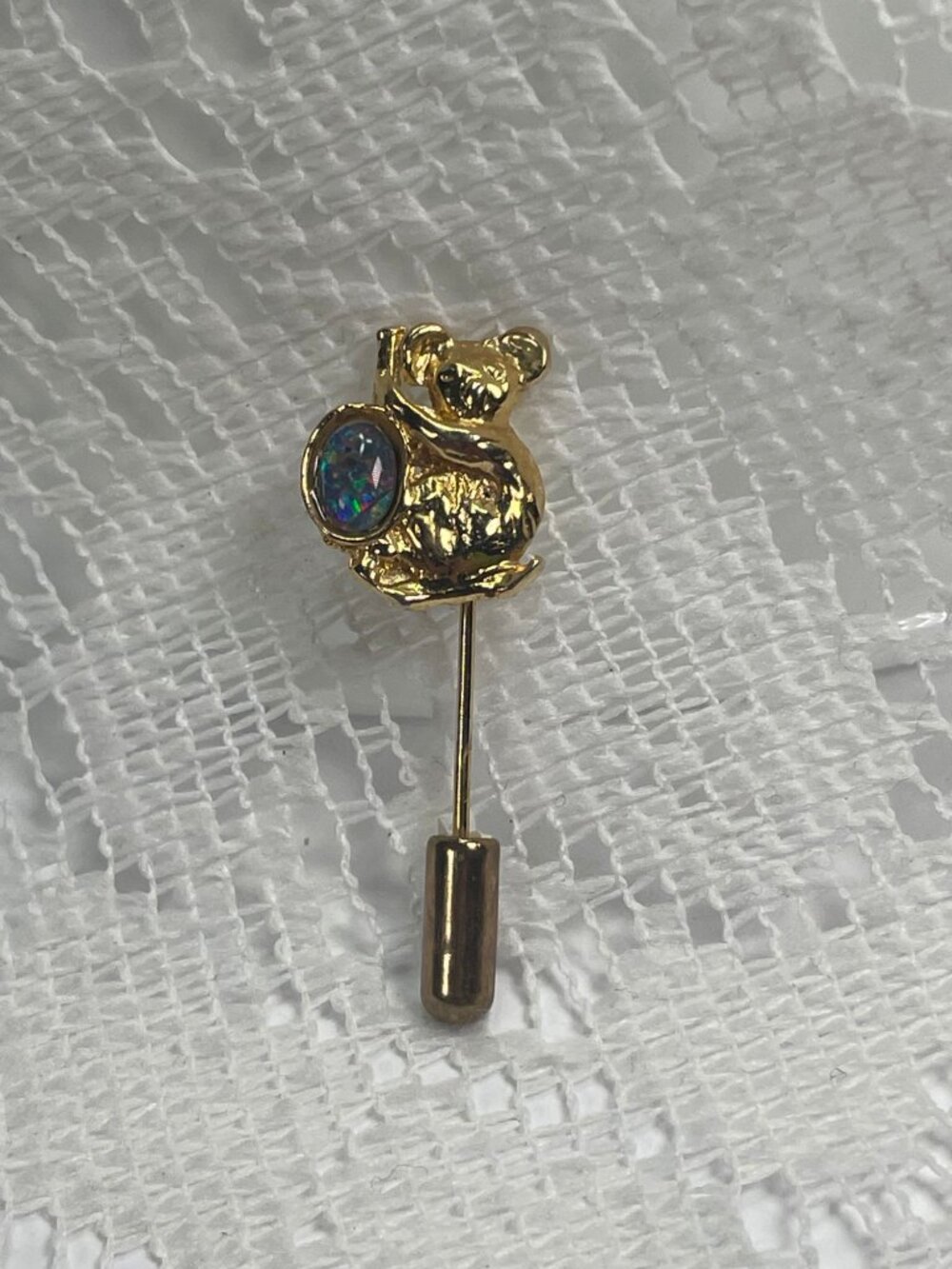 Vintage Qantas Airlines Gold Plated Koala Stick Pin Faux Opal Moonstone Brooch